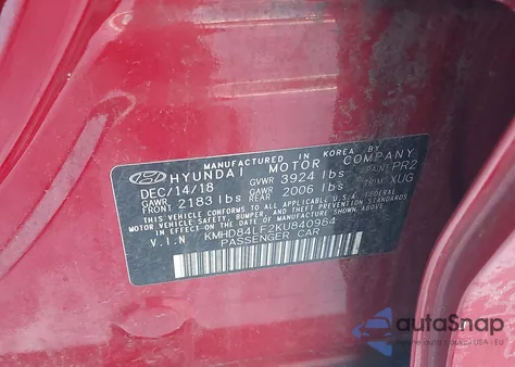 2019 Hyundai Elantra Value Edition z USA, uszkodzony, nr VIN KMHD84LF2KU840984